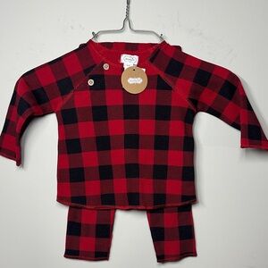 NWT Mudpie red black buffalo plaid 2 piece waffle knit set 6-9 months